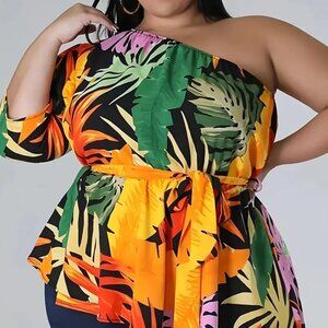 Women's Plus Size Tropical Loose Relaxed Fit One Shoulder Asymmetrical Top 14W
